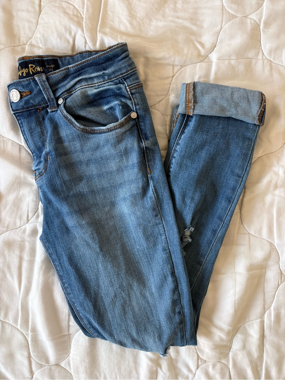 Indigo Rein Light Blue Distressed Skinny Jeans with Turned Cuff